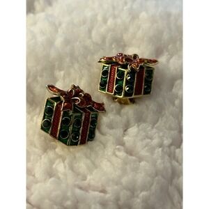 Vintage FL Christmas Gift Clip Earrings Gold Tone Red Green Enamel Crystals #757